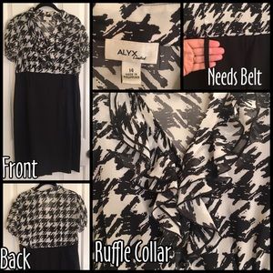 Black/white houndstooth top, black bottom dress